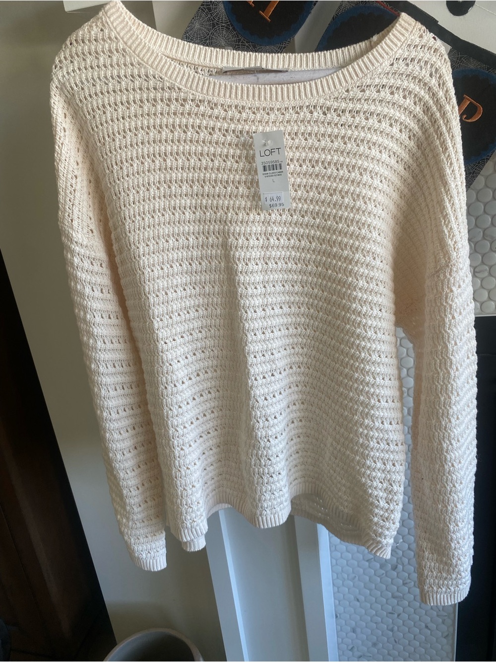 LOFT Cream Open-Weave Scoop Neck Knit Sweater